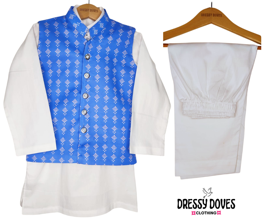 3 Piece (Kurta+Trouser+Waistcoat)-Blue