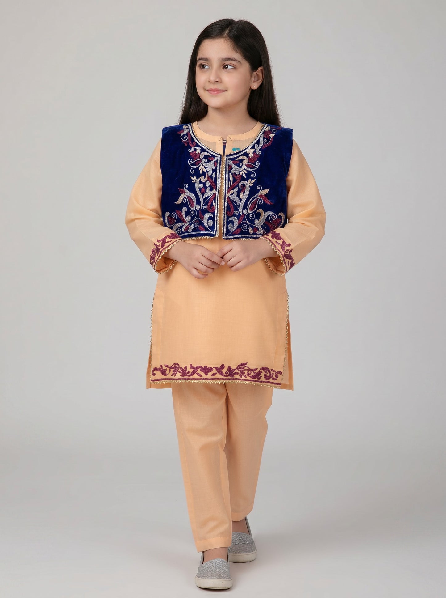 Embroidery 3 piece with kurti & Koti (Peach+Purple)