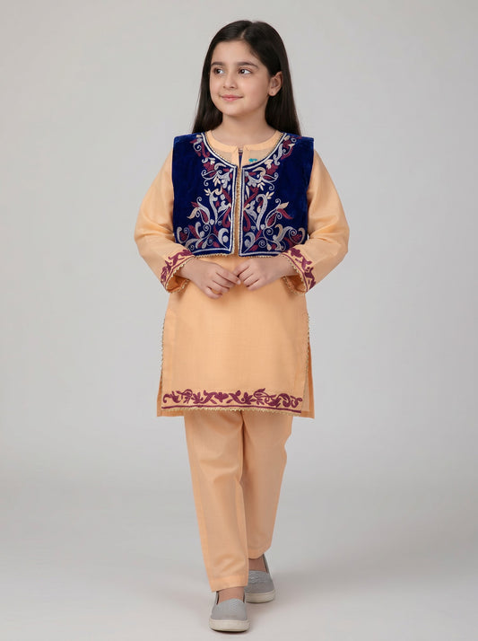 Embroidery 3 piece with kurti & Koti (Peach+Purple)