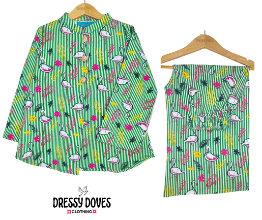 Khaddar Green Flamingo Stripes (Shirt+Trouser)