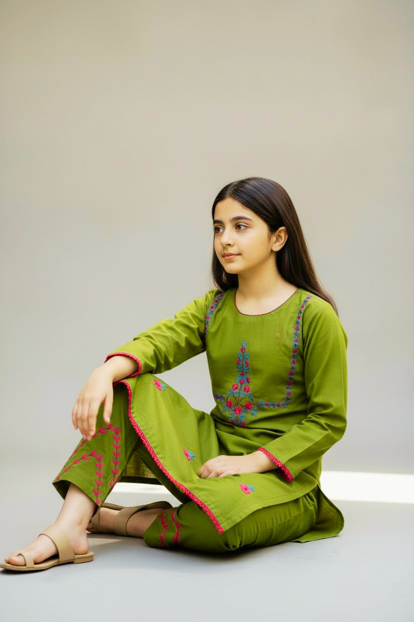 Mehandi Floral Hazara Hand Embroidery (2 Piece)
