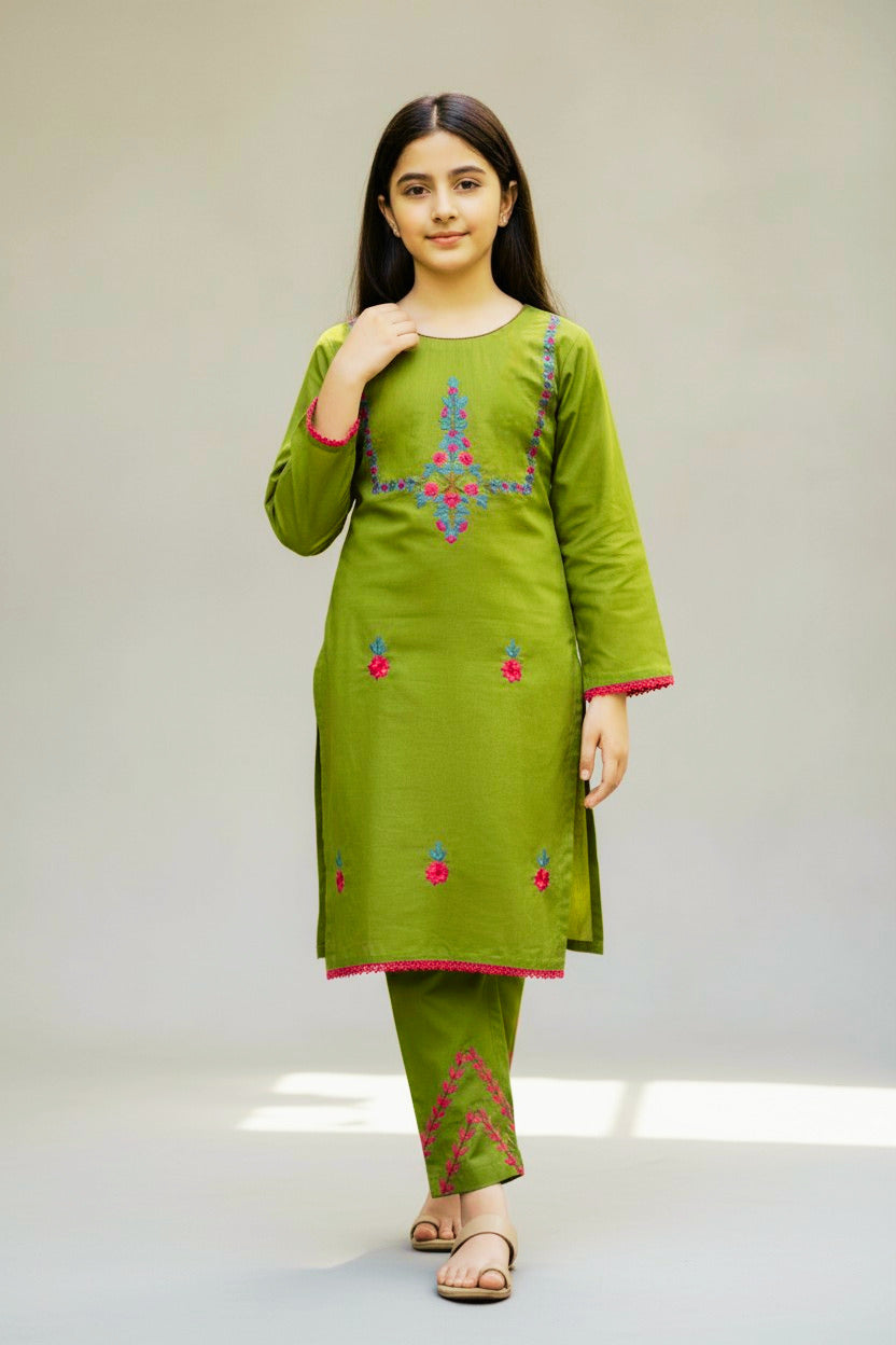 Mehandi Floral Hazara Hand Embroidery (2 Piece)