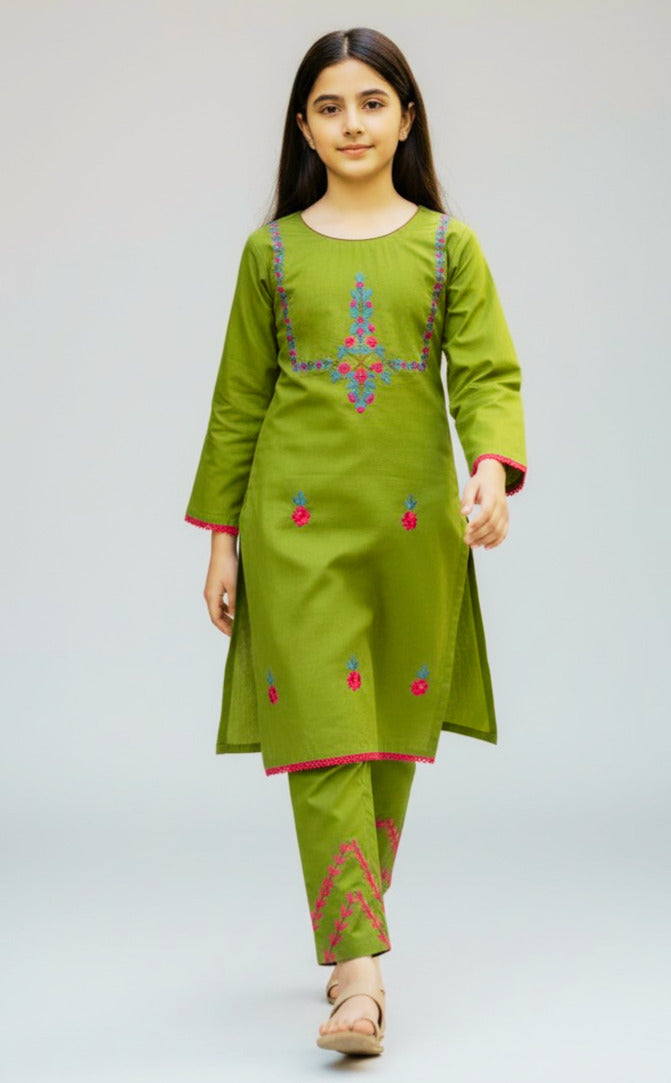 Mehandi Floral Hazara Hand Embroidery (2 Piece)