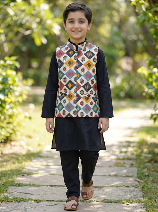 3 Piece (Kurta+Trouser+Waistcoat)-Black