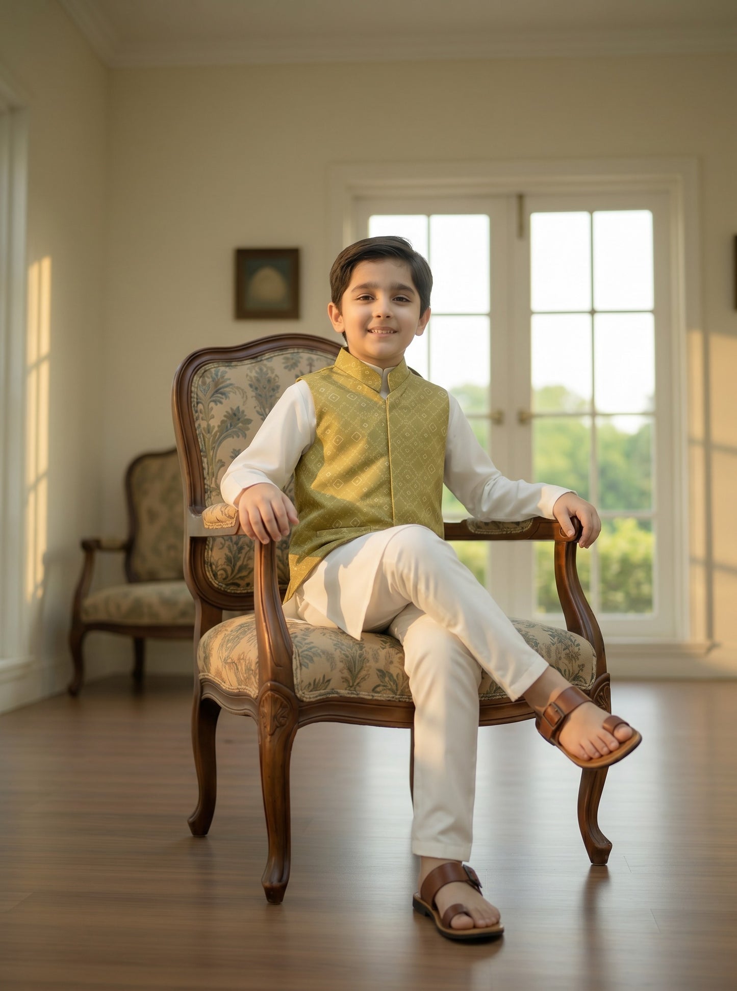 3 Piece (Kurta+Trouser+Waistcoat)-Olive