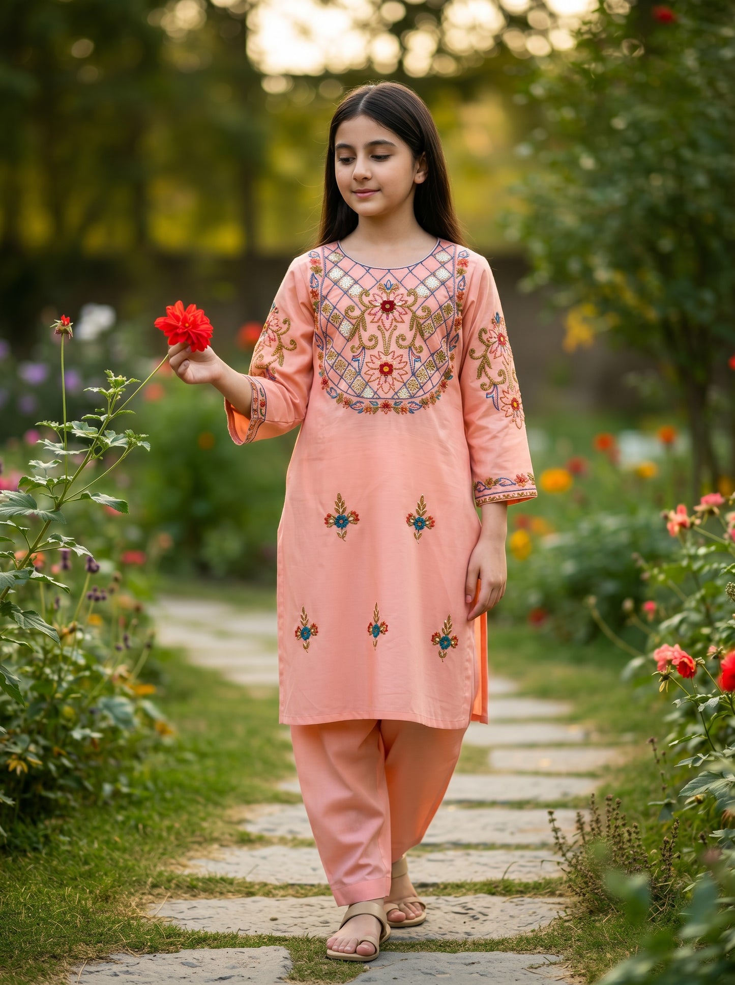 Peach Petal Gota Hazara Hand Embroidery (2 Piece)