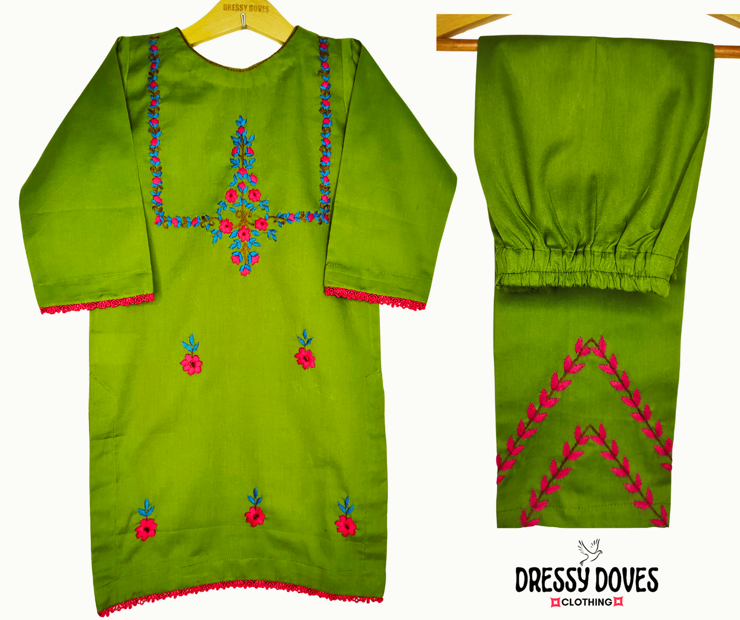 Mehandi Floral Hazara Hand Embroidery (2 Piece)