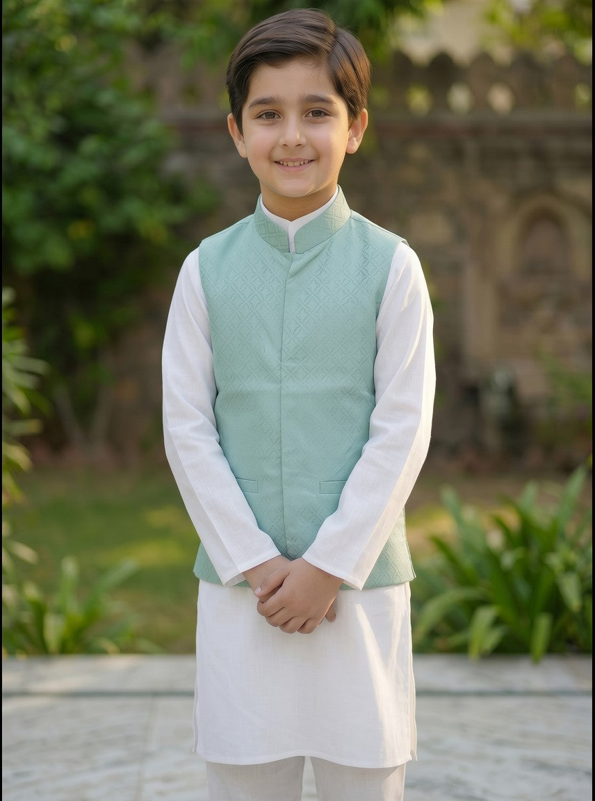 3 Piece (Kurta+Trouser+Waistcoat)-Sea Green