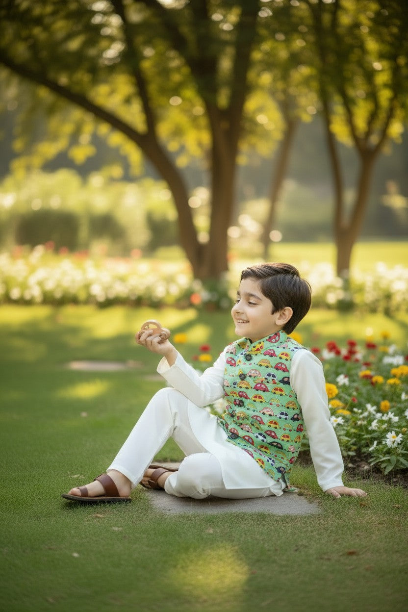 3 Piece (Kurta+Trouser+Waistcoat)-Green