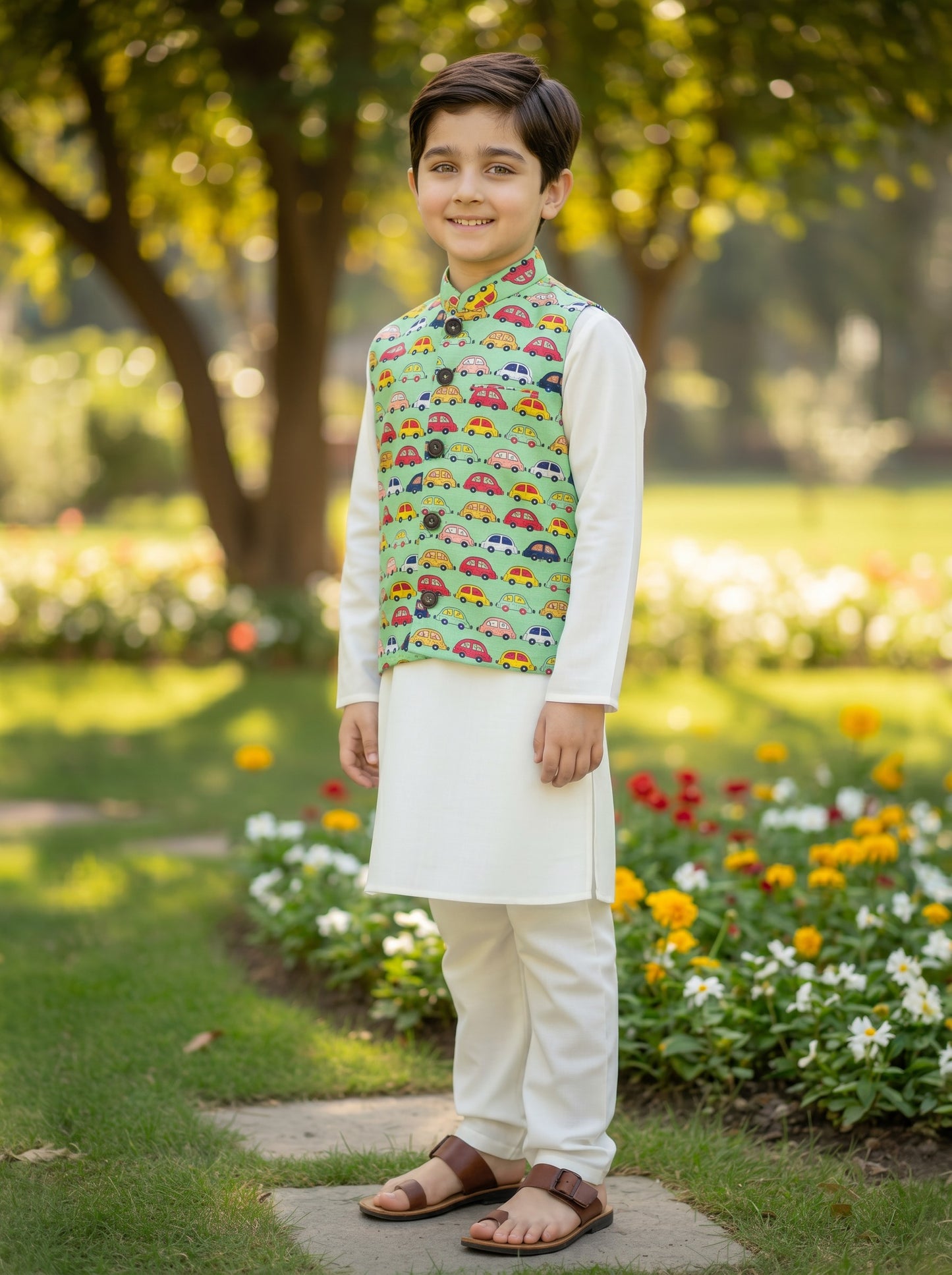 3 Piece (Kurta+Trouser+Waistcoat)-Green