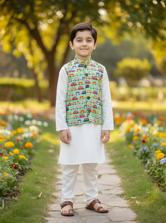 3 Piece (Kurta+Trouser+Waistcoat)-Green