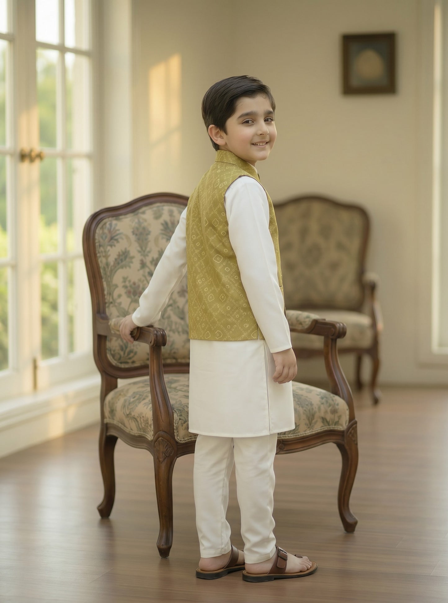 3 Piece (Kurta+Trouser+Waistcoat)-Olive