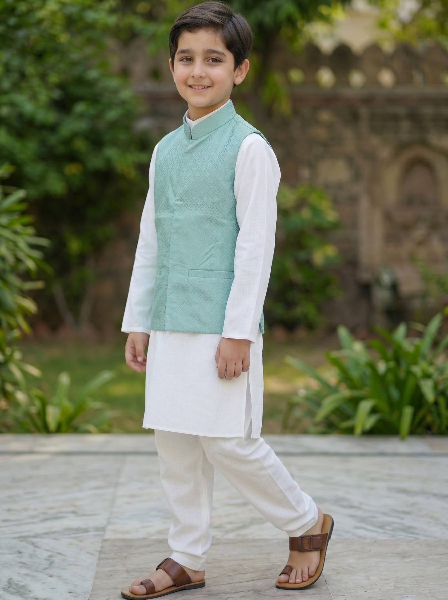 3 Piece (Kurta+Trouser+Waistcoat)-Sea Green