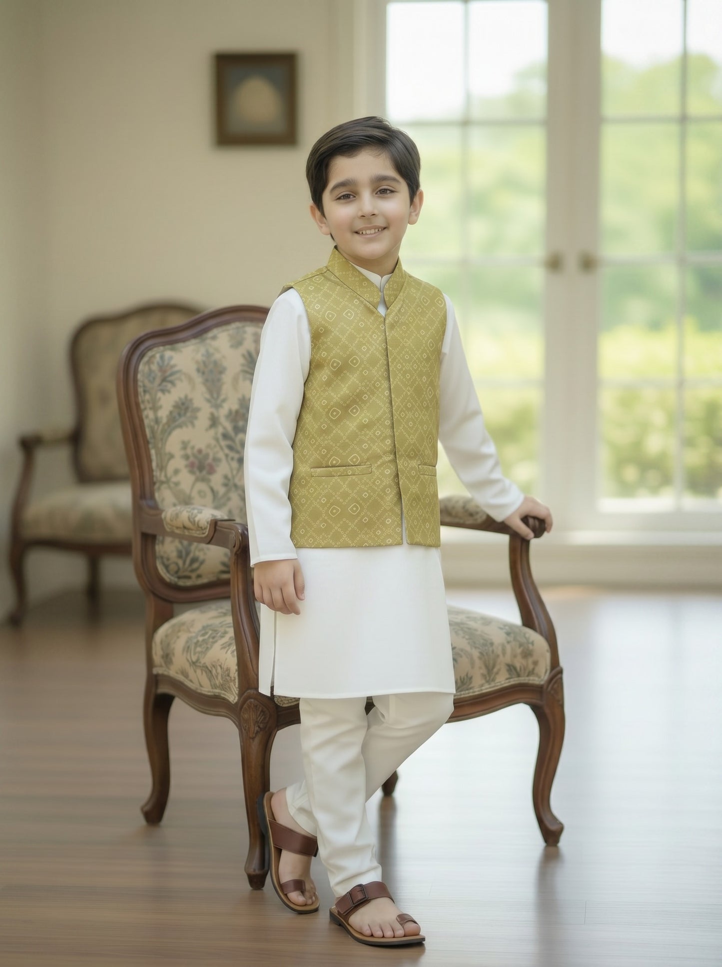 3 Piece (Kurta+Trouser+Waistcoat)-Olive