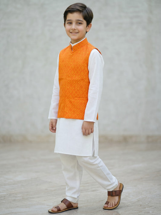 3 Piece (Kurta+Trouser+Waistcoat)-Royal Orange