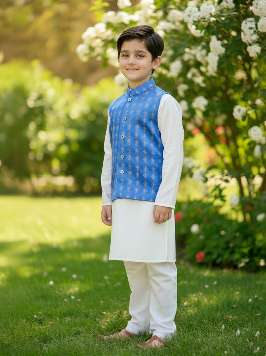 3 Piece (Kurta+Trouser+Waistcoat)-Blue