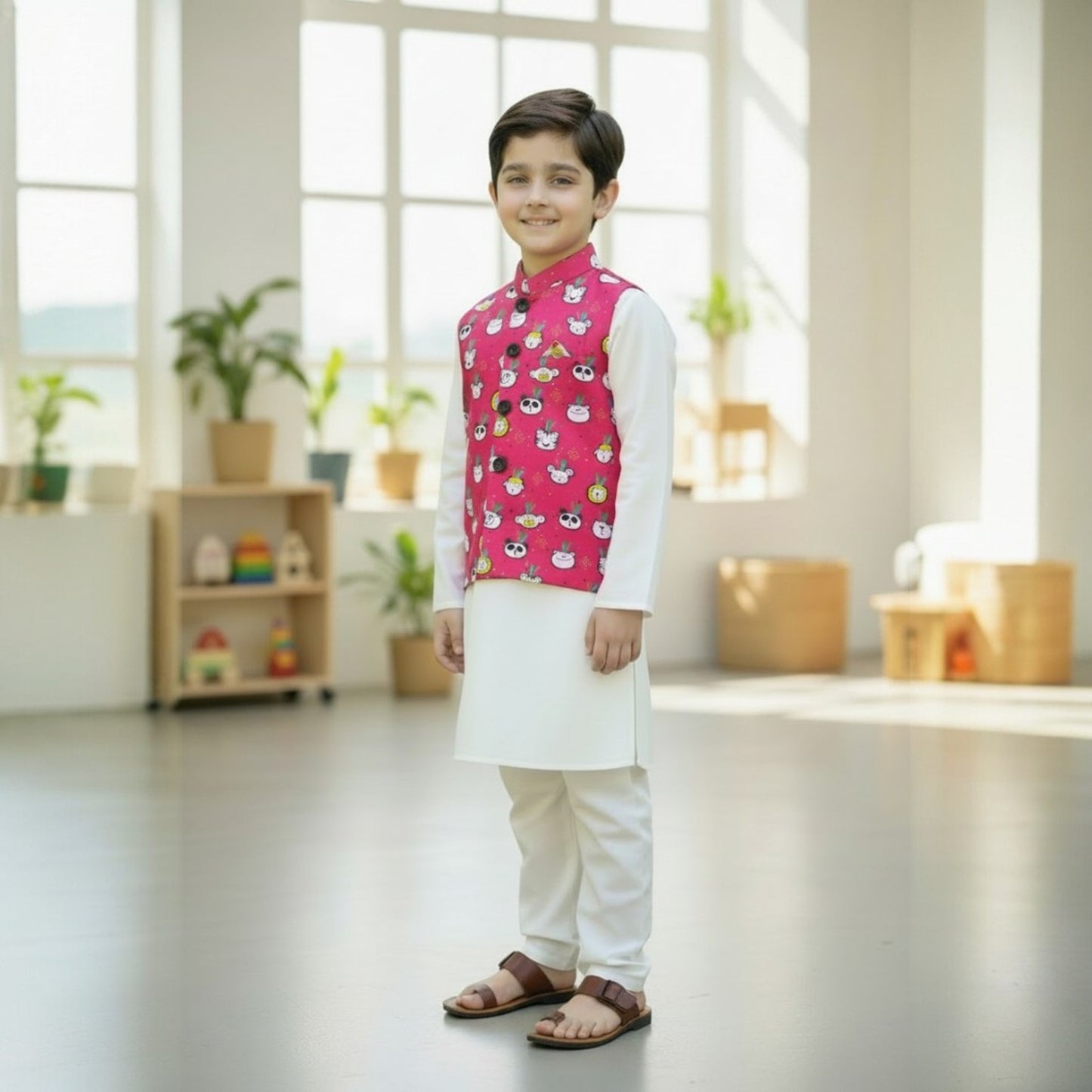 3 Piece (Kurta+Trouser+Waistcoat)-Pink