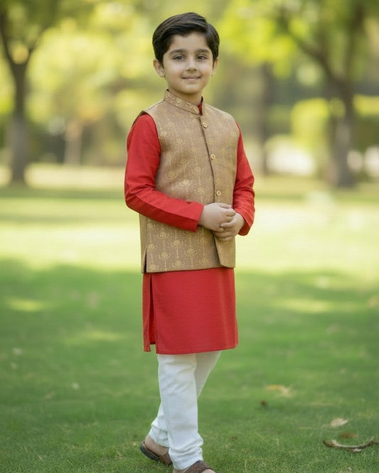 3 Piece (Kurta+Trouser+Waistcoat)-Brown