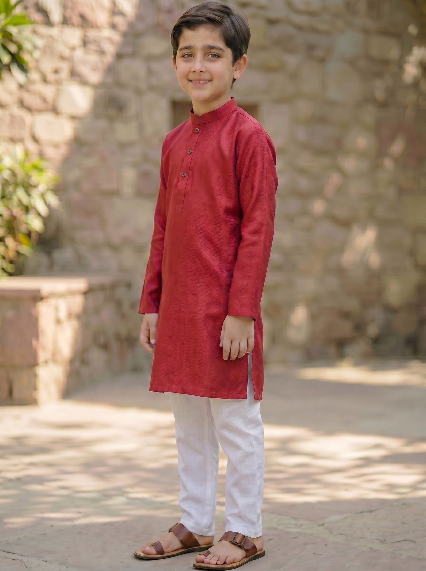 Red Self Printed Kurta and Trouser