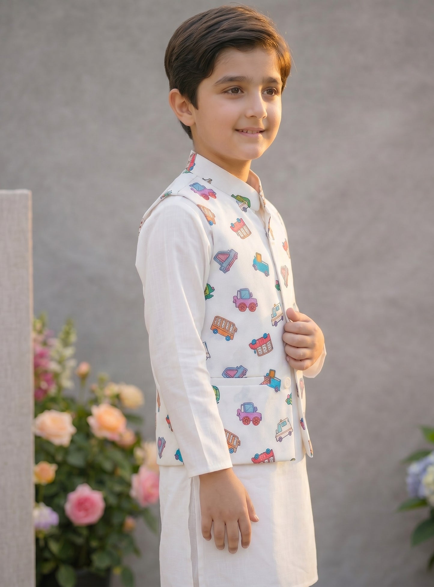 3 Piece (Kurta+Trouser+Waistcoat)-White Car