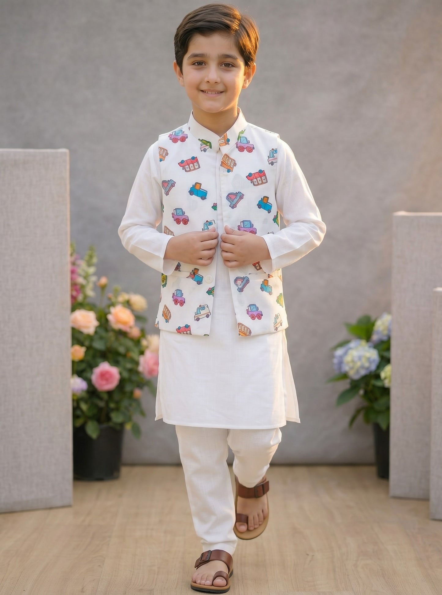 3 Piece (Kurta+Trouser+Waistcoat)-White Car