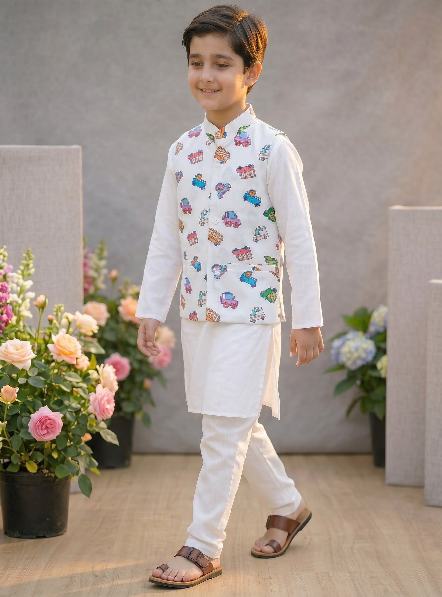 3 Piece (Kurta+Trouser+Waistcoat)-White Car