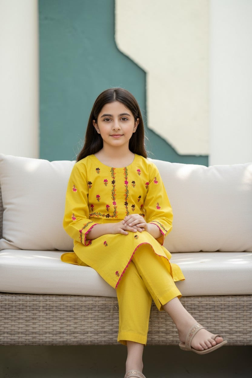 Yellow Flex Hazara Hand Embroidery (2 Piece)