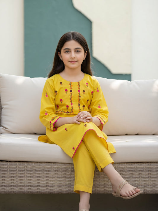 Yellow Flex Hazara Hand Embroidery (2 Piece)