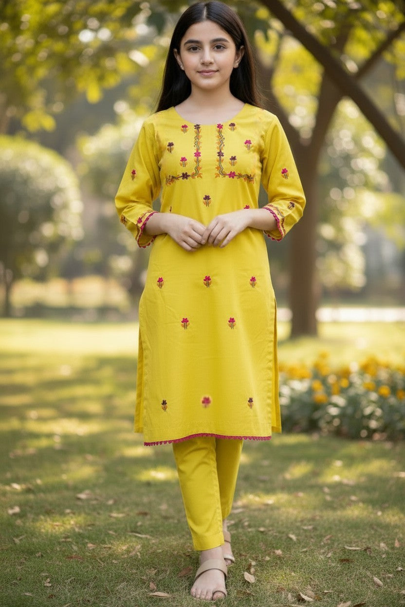 Yellow Flex Hazara Hand Embroidery (2 Piece)