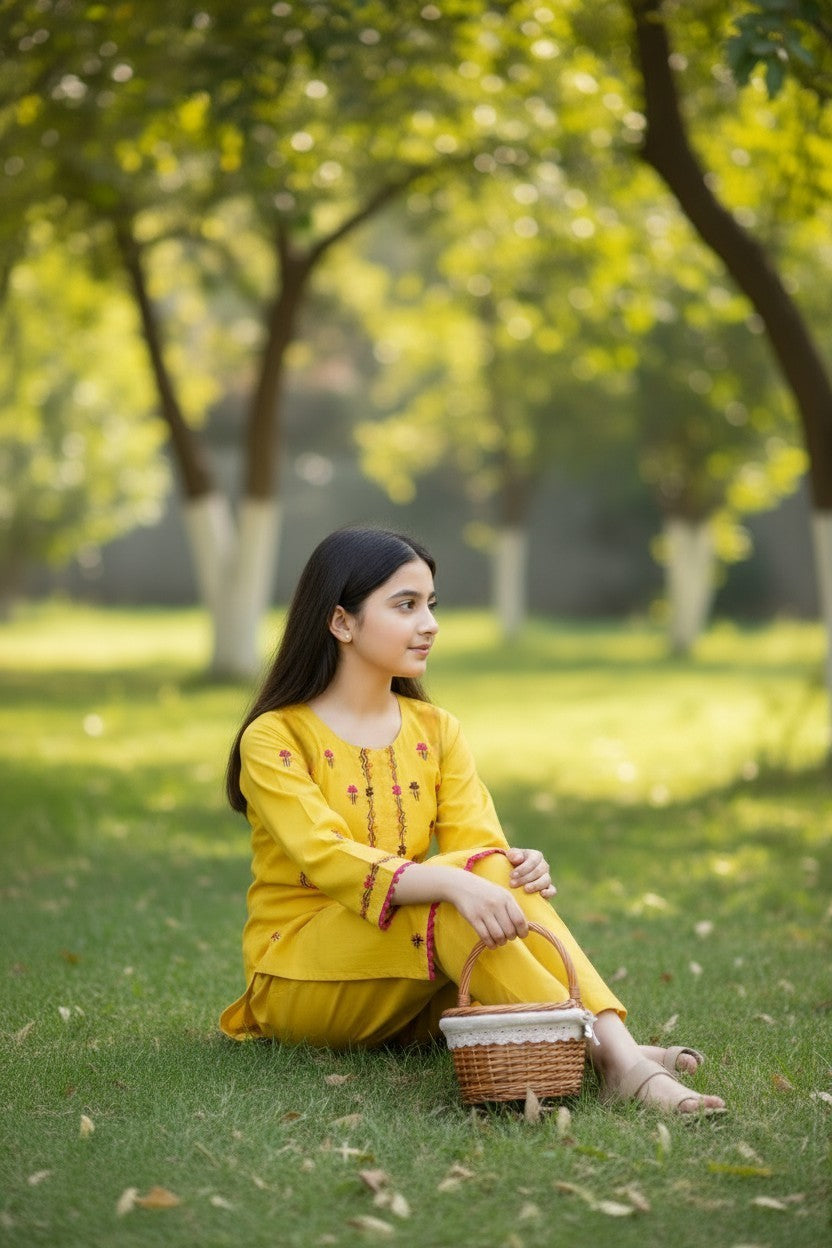 Yellow Flex Hazara Hand Embroidery (2 Piece)