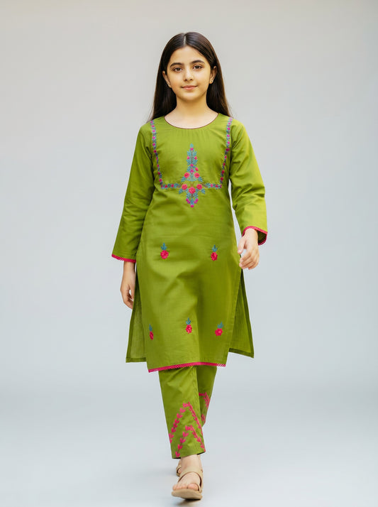 Mehandi Floral Hazara Hand Embroidery (2 Piece)